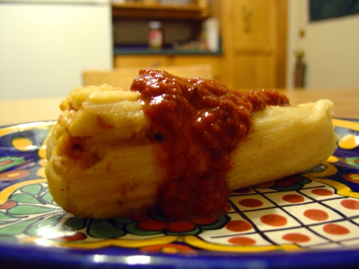 Perfect Red-Chile Seitan Tamale, angle one.