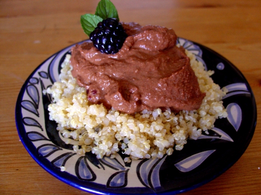 Blackberry Molé sitting on a bed of Mint Lime Quinoa